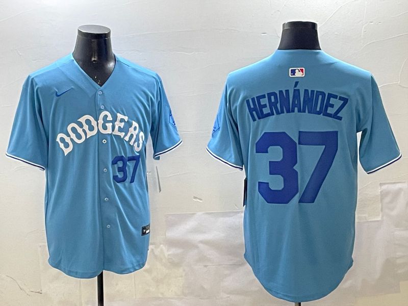 Men Los Angeles Dodgers 37 Hernandez Light Blue Joint Name 2025 Nike MLB Jersey style 11